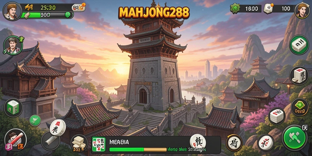 Tampilan gameplay seru dari MAHJONG288 dengan menara yang strategis.