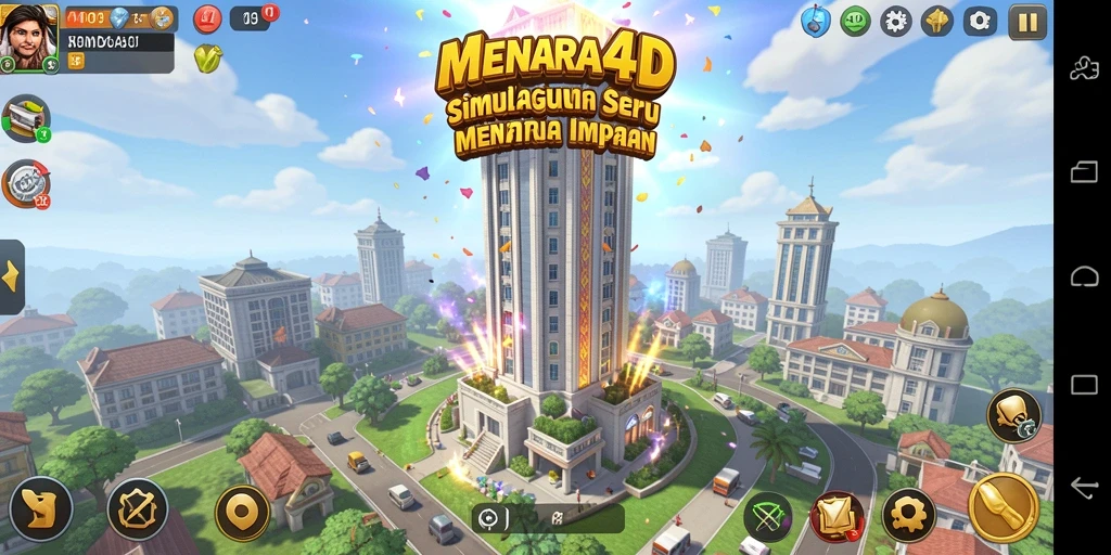 Screenshot gameplay MENARA4D menampilkan menara megah yang sedang dibangun.