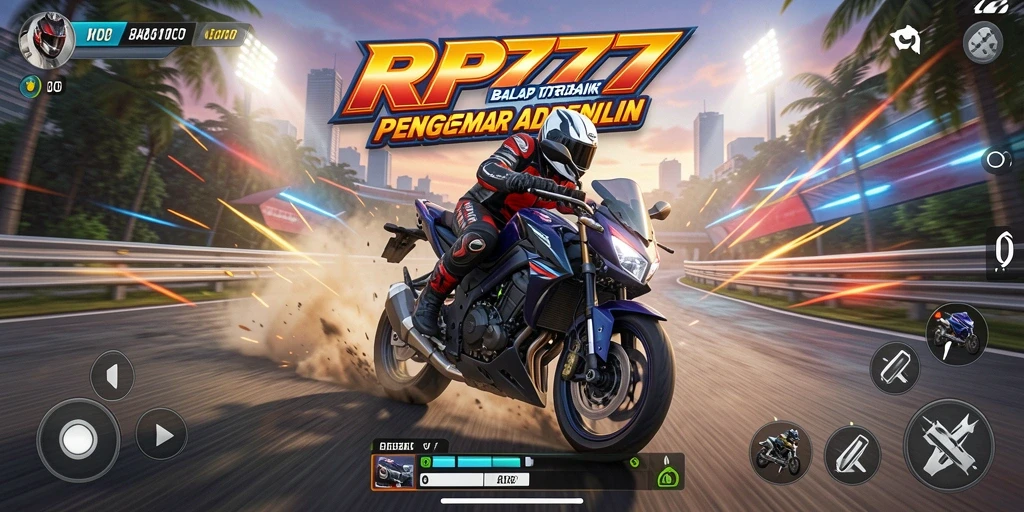 Screenshot RP777 menampilkan aksi balap motor yang mendebarkan di trek yang menantang.