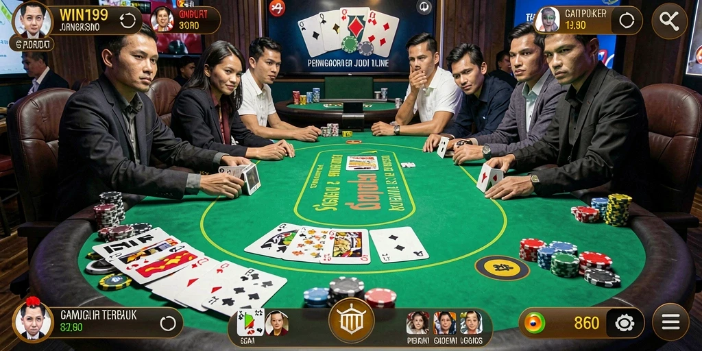 Screenshot menunjukkan suasana permainan Poker yang seru dan mendebarkan.